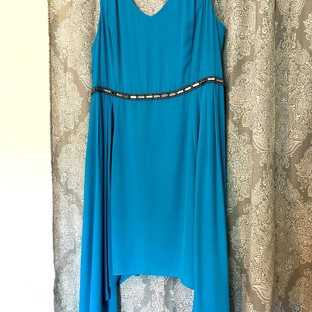 Beautiful teal a line, asymmetrical dress.